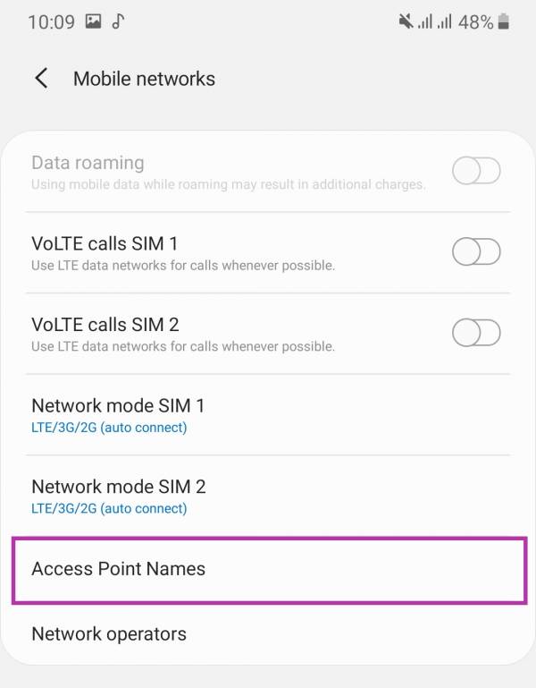 بر روی Access point names کلیک کنید تنظیمات اینترنت رایتل