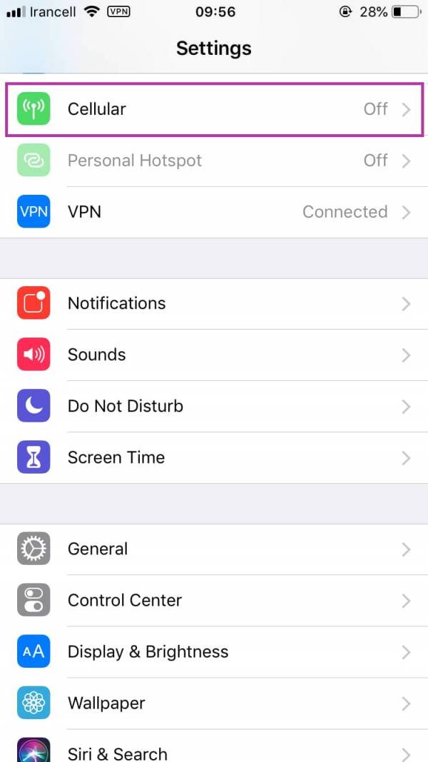 بر روی cellular آیفون کلیک کنید اینترنت رایتل