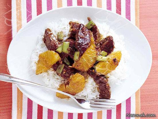 خوراک گوشت با سس پرتقال و برنج خوراک گوشت با سس پرتقال